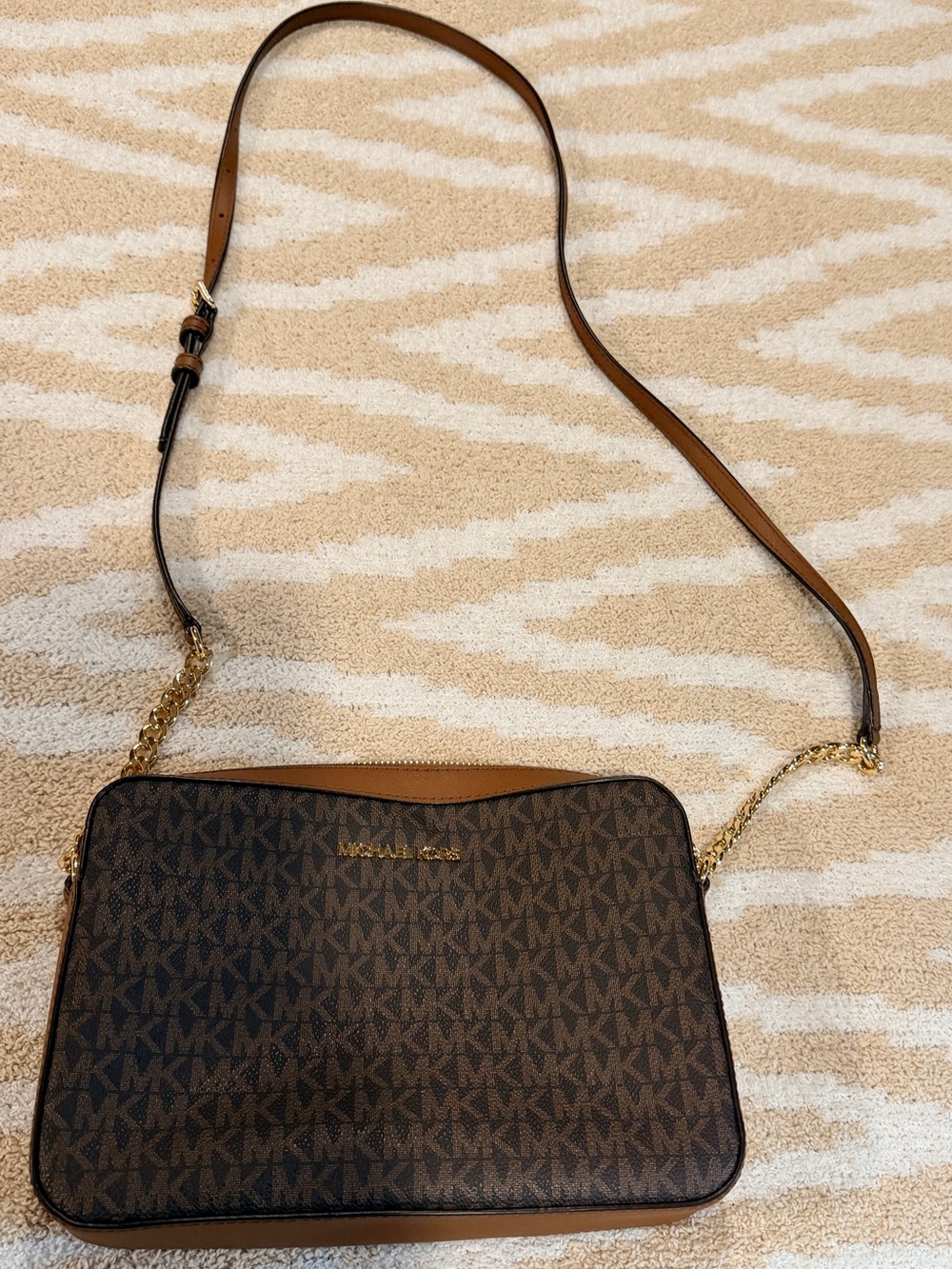 Michael Kors Dark Brown Monogram Crossbody with Tan Trim
